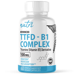 Nature's Fusions TTFD Thiamine B1 bottle with capsules supports daily energy and focus