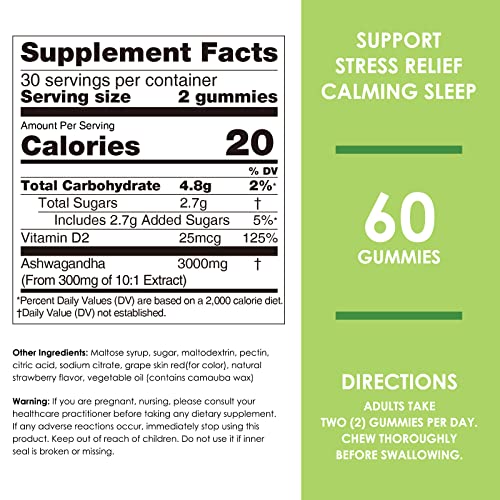 Nature's Key Ashwagandha Gummies label close-up showing vitamin D2 absorption