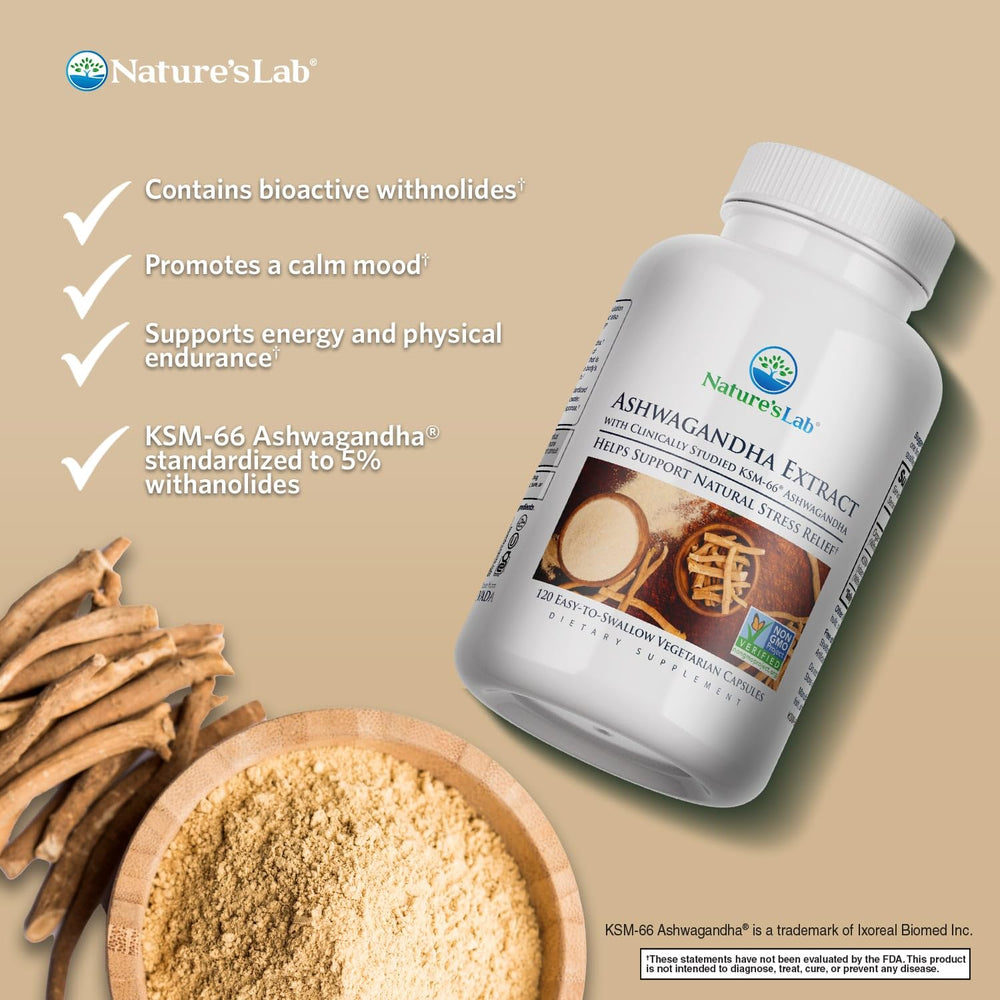 Nature's Lab Ashwagandha KSM66 capsules close-up for focus and balance.