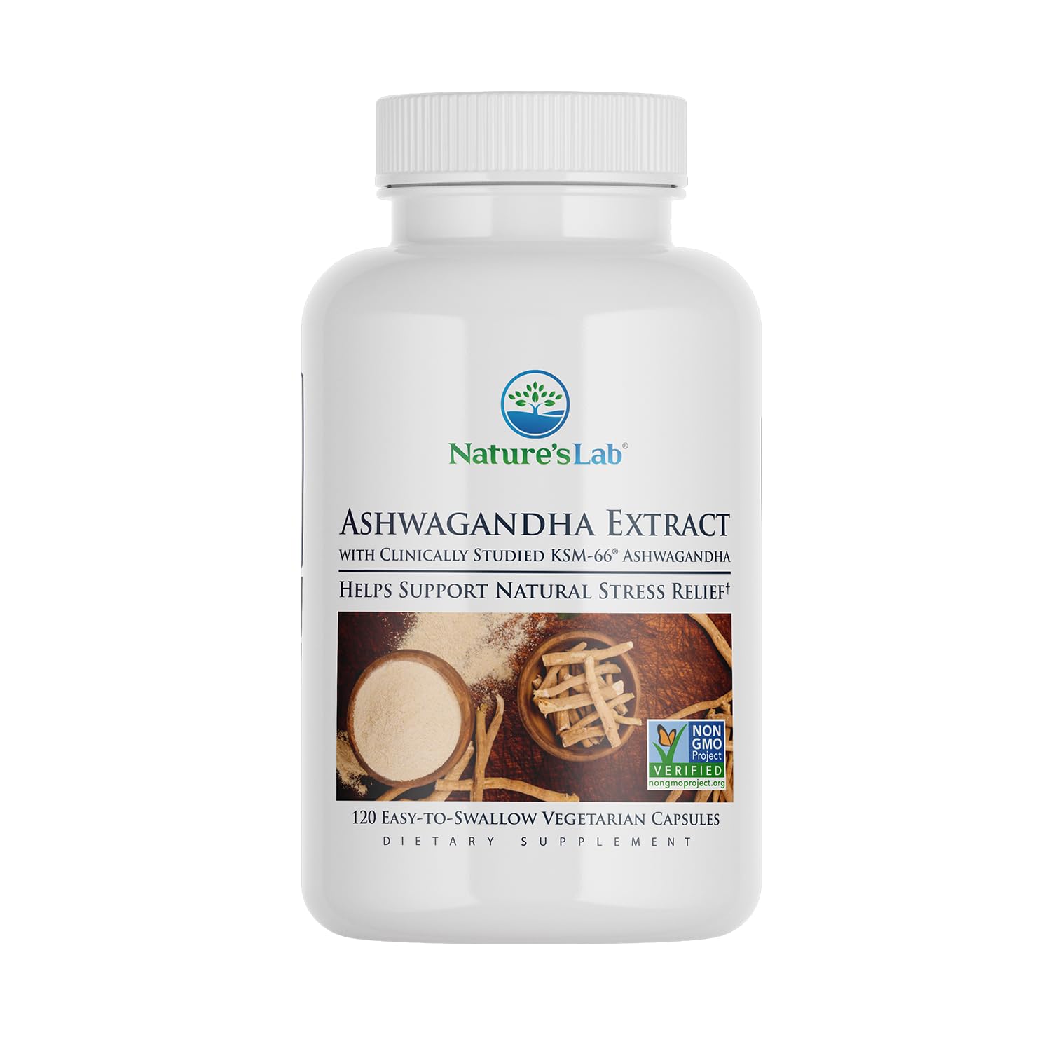 Nature's Lab Ashwagandha KSM66 extract bottle for daily stress support.
