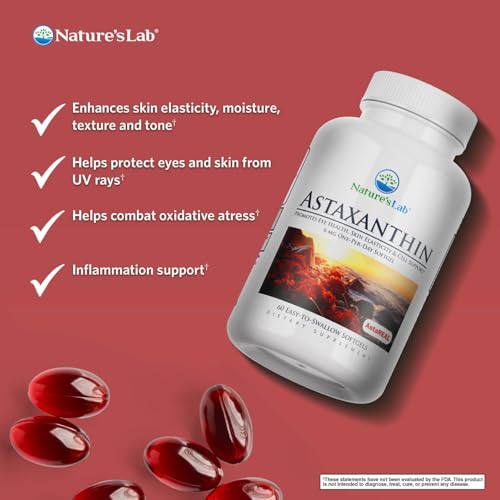 Close-up of Nature's Lab astaxanthin capsules for daily use.