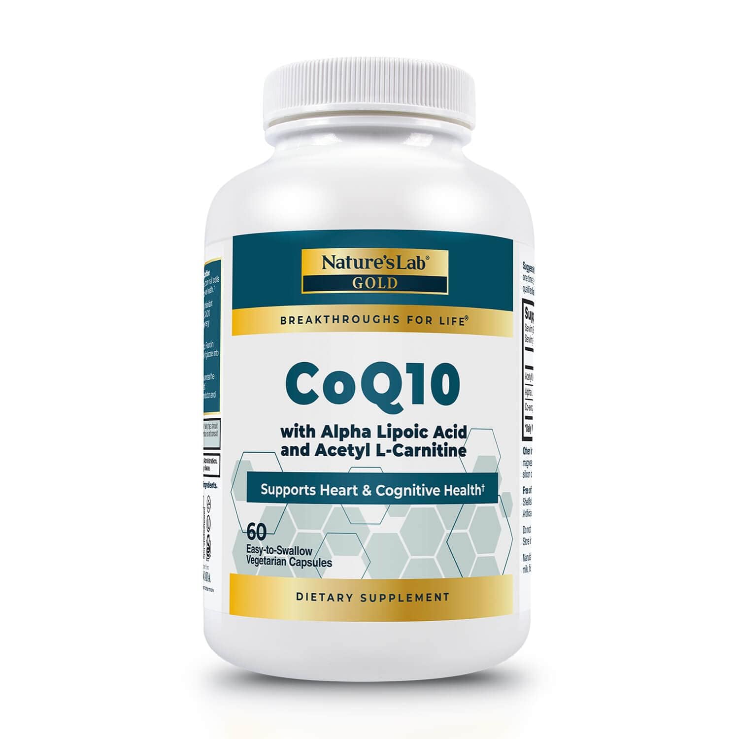 Nature's Lab Gold CoQ10 bottle front; potential energy support for daily vitality.
