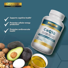 Nature's Lab Gold CoQ10 capsules closeup; may aid cellular energy production.