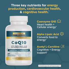 Nature's Lab Gold CoQ10 label detail; shows CoQ10, ALA, and ALCAR ingredients clearly.