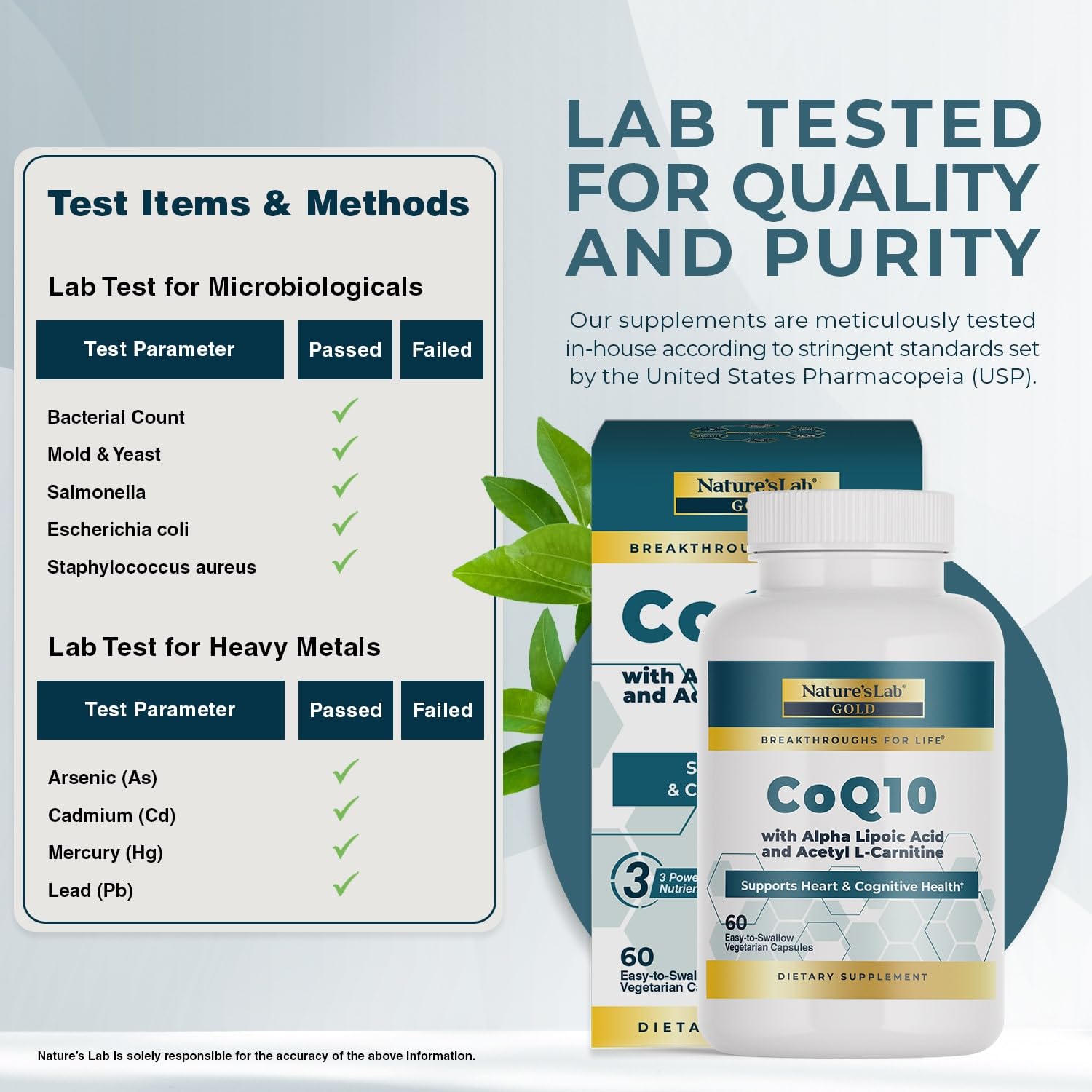 Nature's Lab Gold CoQ10 table-top shot; convenient daily supplement routine.