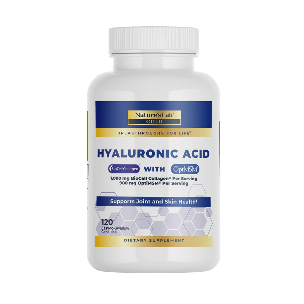 Nature's Lab Hyaluronic Acid bottle with Biocell Collagen and MSM for joint and skin support