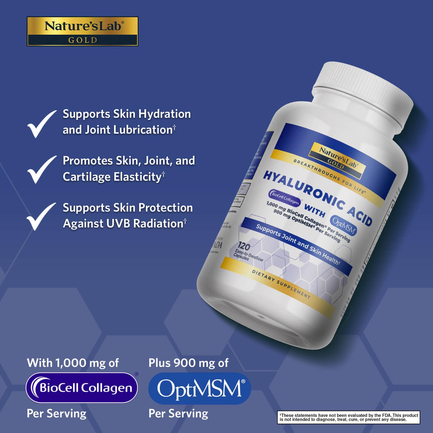 Nature's Lab Hyaluronic Acid capsules close-up, compact and easy-to-swallow for daily joint comfort