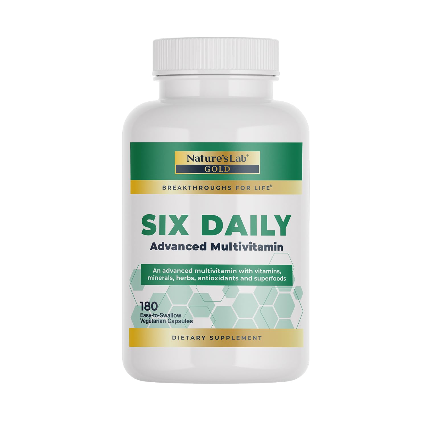 Nature's Lab Six Daily Advanced Multivitamin bottle view promoting daily energy support