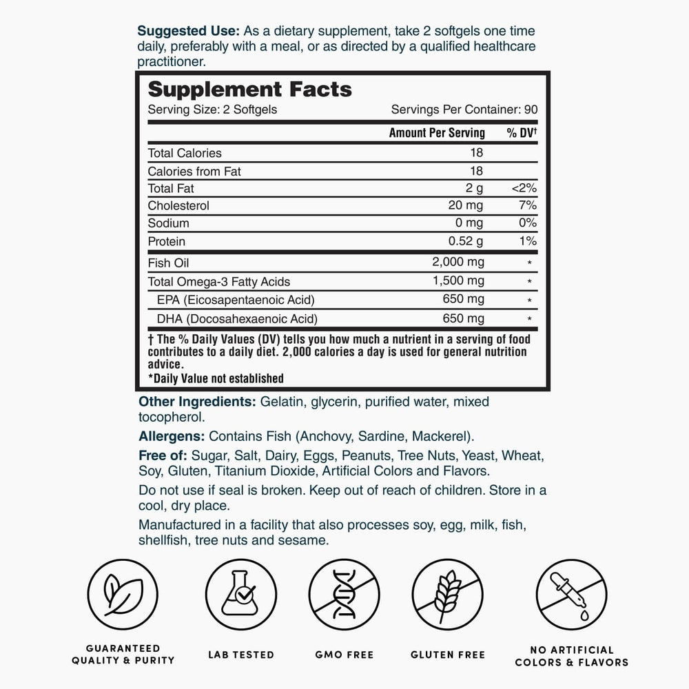 Nature's Lab Omega-3 bottle label emphasizes three-times strength.