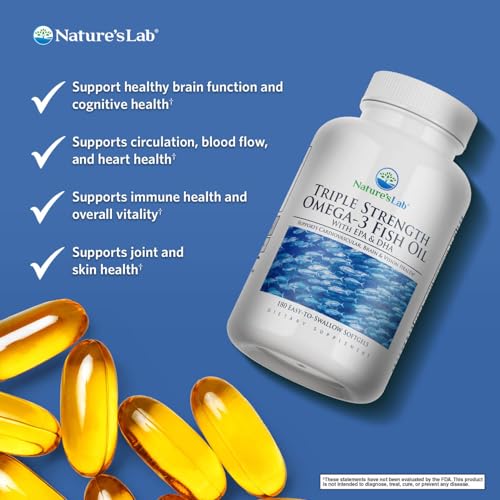 Closeup of Nature's Lab Triple Strength Omega-3 softgels for convenient daily use.