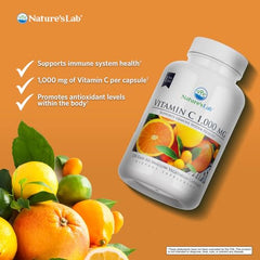 Nature's Lab Vitamin C capsules close-up highlighting vegetarian supplement.
