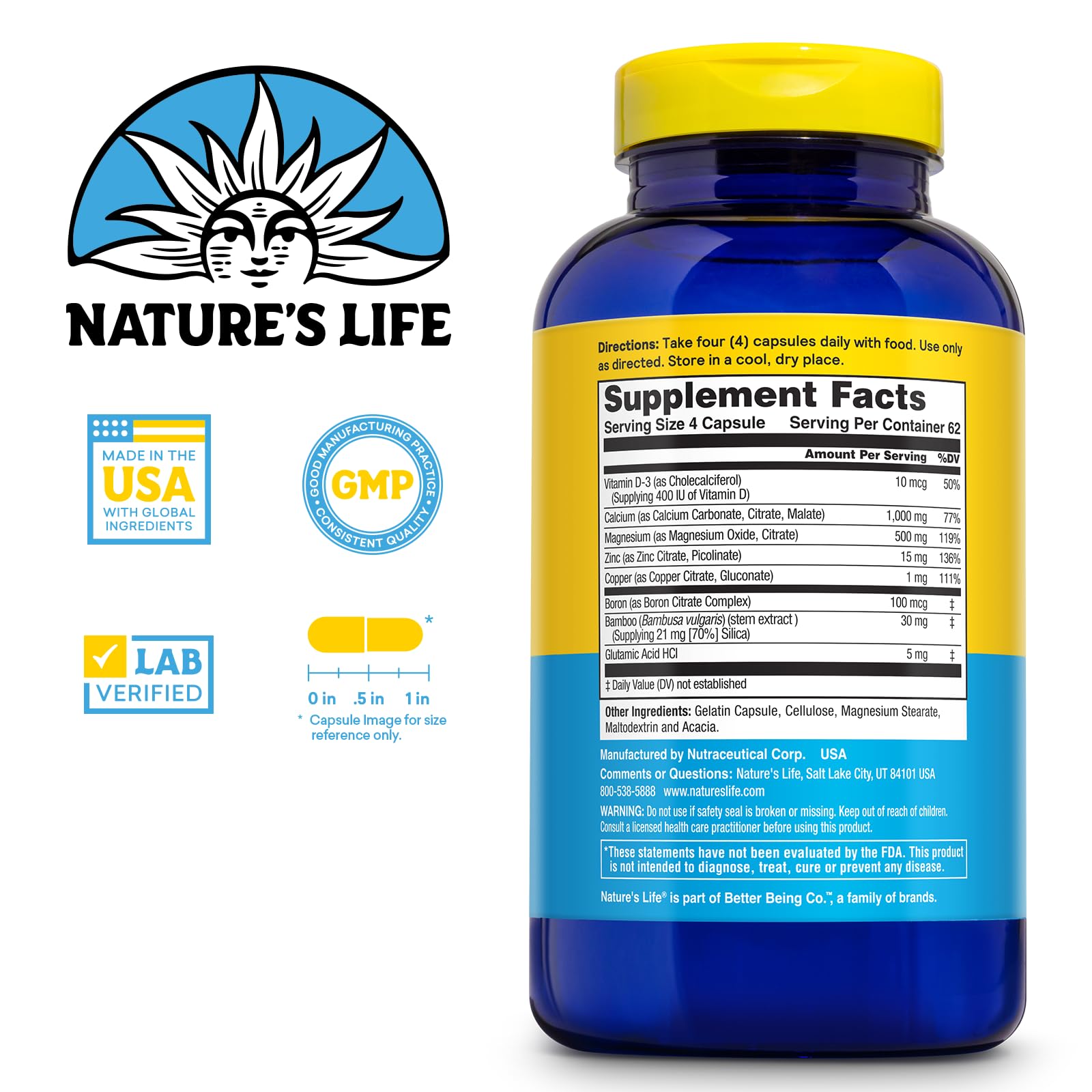 Nature's Life Cal Mag Zinc Complex label close-up highlighting vitamin D and boron.