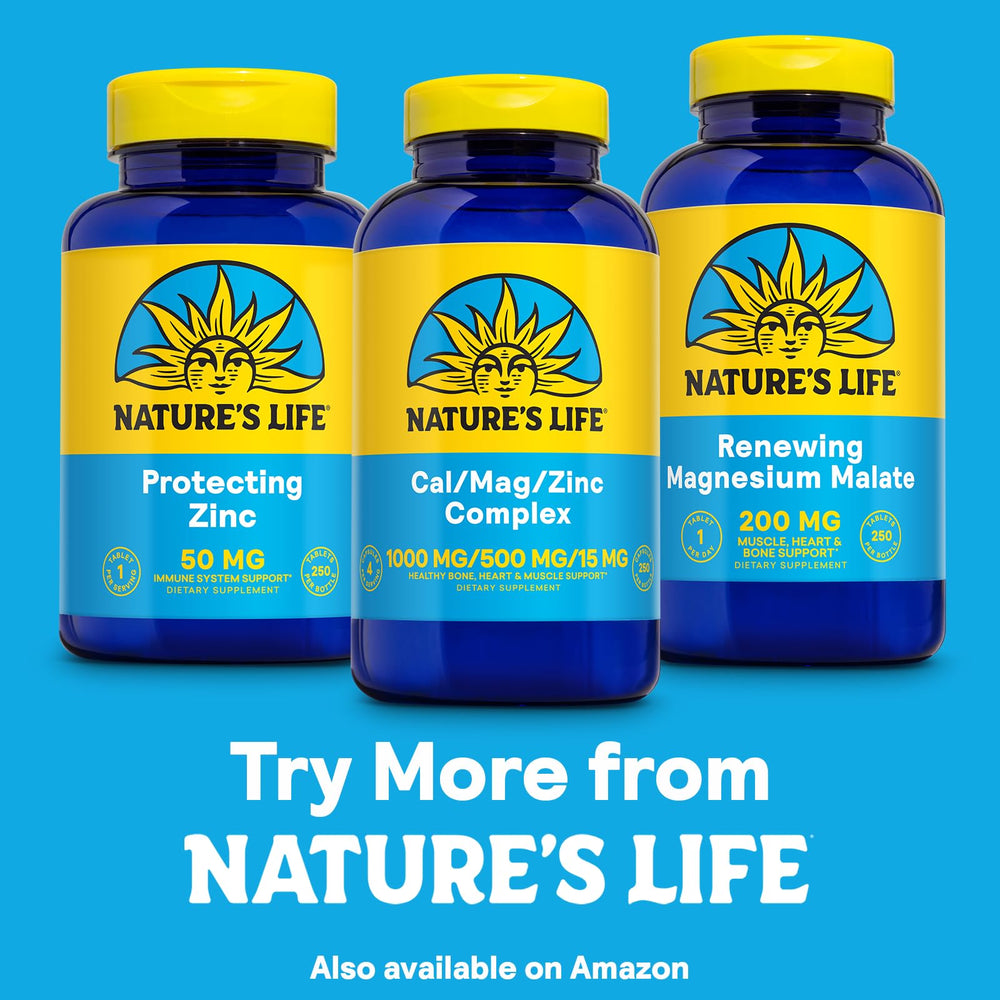 Nature's Life Cal Mag Zinc Complex bottle on shelf for daily wellness routine.