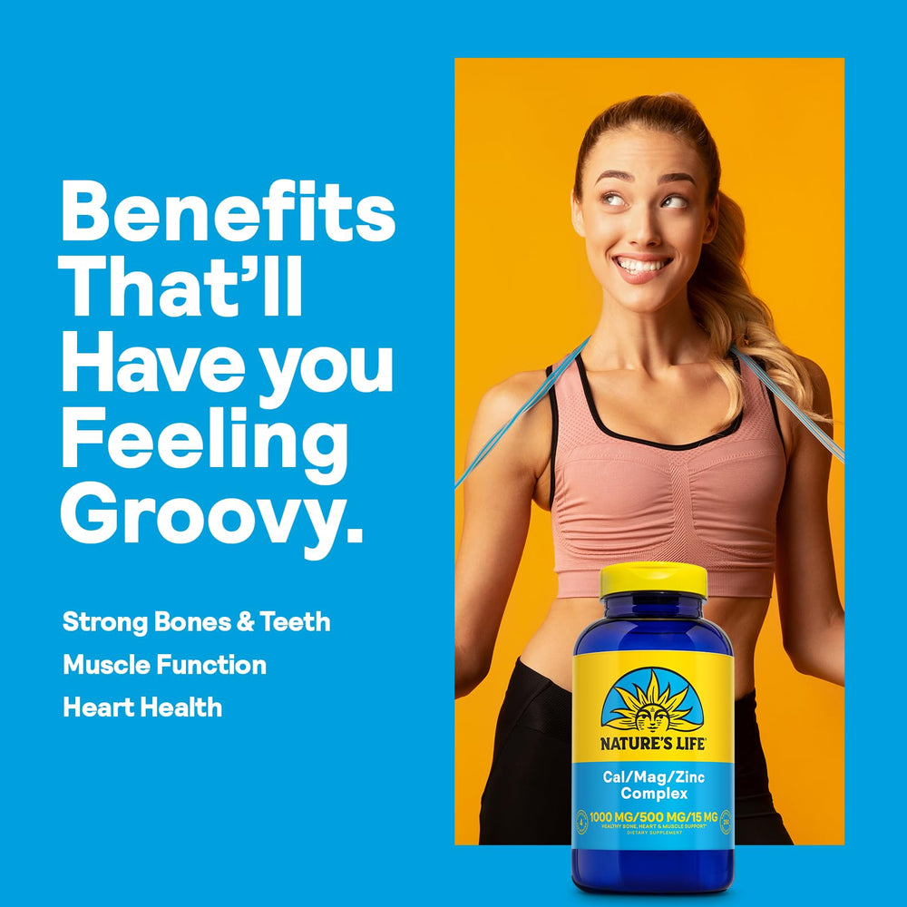 Nature's Life Cal Mag Zinc Complex capsules close-up for easy daily supplementation.