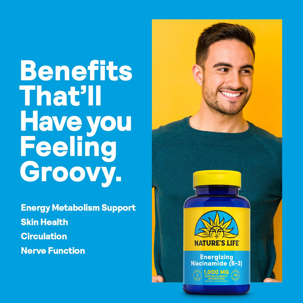 Nature's Life Energizing Niacinamide label emphasizes 1000mg strength and quality standards.