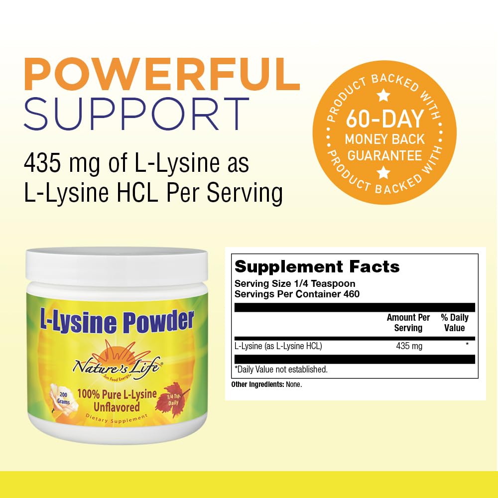 Nature’s Life L-Lysine Powder dispensing scene with a dosing scoop