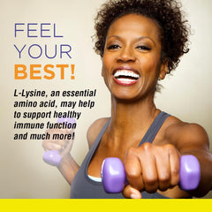 Measuring scoop beside Nature’s Life L-Lysine Powder for precise mixing