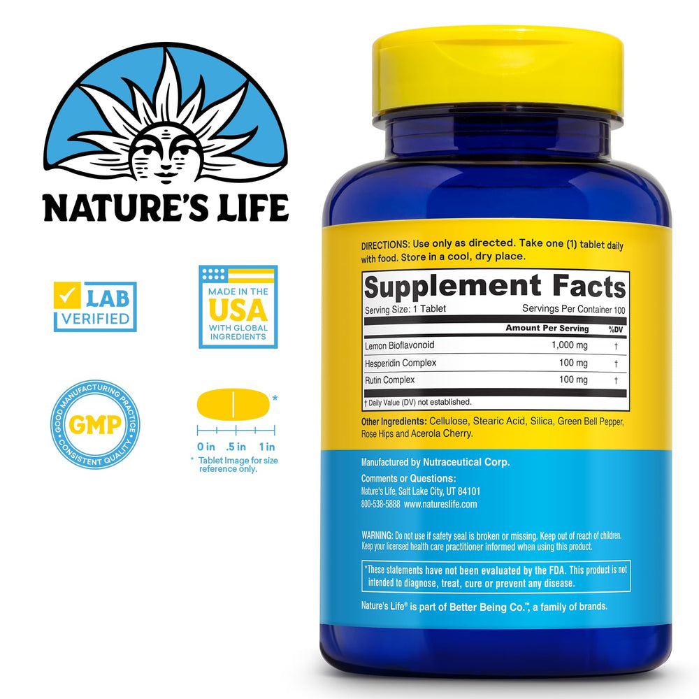 Nature's Life Lemon Bioflavonoids capsules shown for convenient daily antioxidant support.