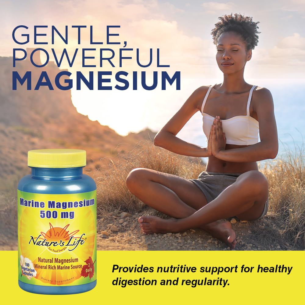 Nature's Life Marine Magnesium 500mg bottle label highlights the magnesium hydroxide source