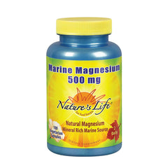 Nature's Life Marine Magnesium 500mg bottle pour shows easy-to-dispense capsules