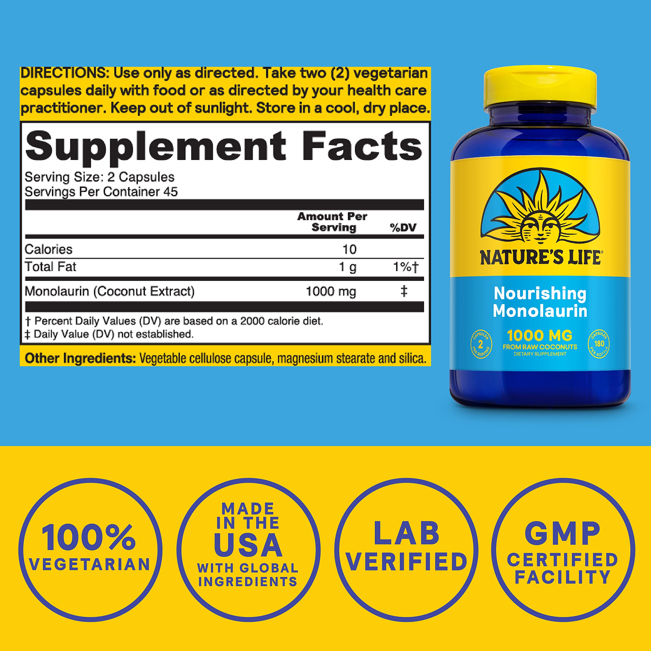 Nature's Life Monolaurin capsules close-up for daily gut balance.