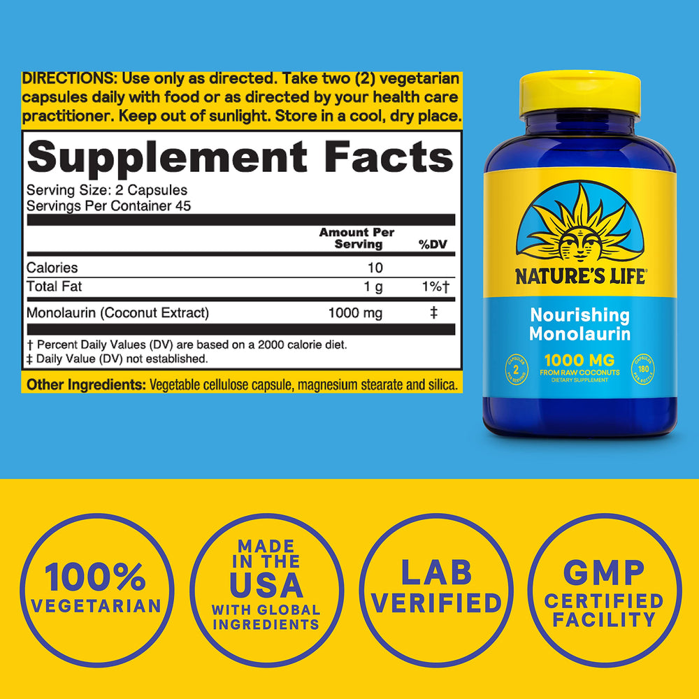 Nature's Life Monolaurin capsules close-up for daily gut balance.