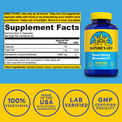 Nature's Life Monolaurin capsules close-up for daily gut balance.