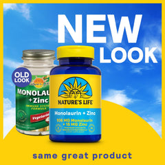 Nature's Life Monolaurin Plus Zinc bottle-back with ingredients and directions.