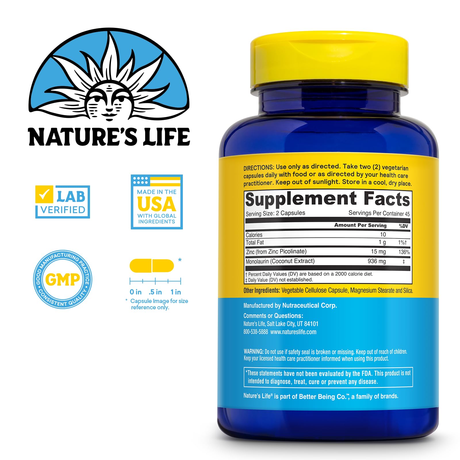Nature's Life Monolaurin Plus Zinc capsules-closeup for easy swallowing.