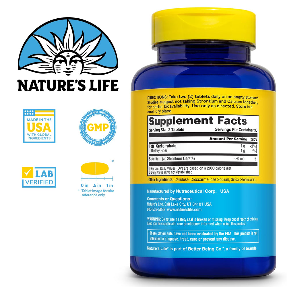 Close-up of Strontium Citrate tablets showing chelated form for gentle digestion