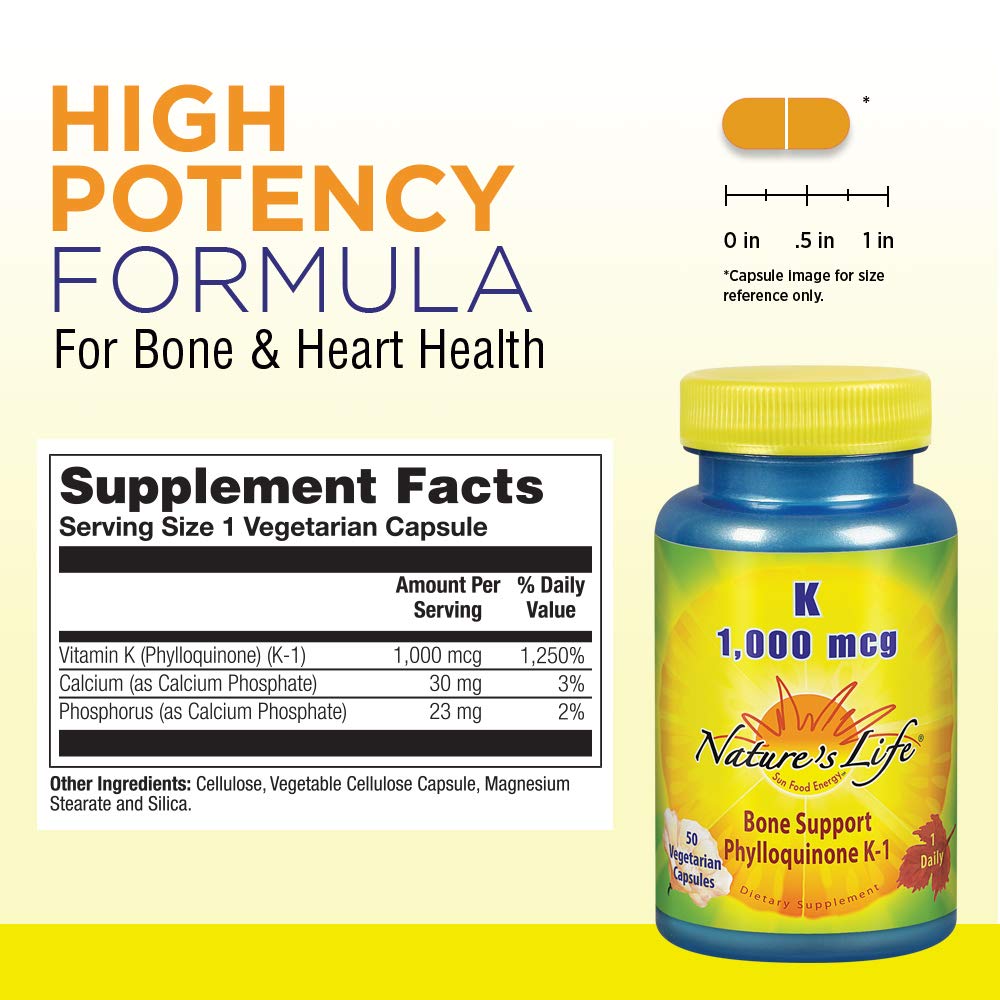 Nature's Life Vitamin K 1000mcg capsule close-up shows easy-to-swallow vegetarian form.