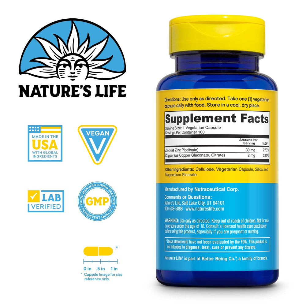 Nature's Life Zinc Picolinate 30mg capsules in blister pack for easy daily dosing