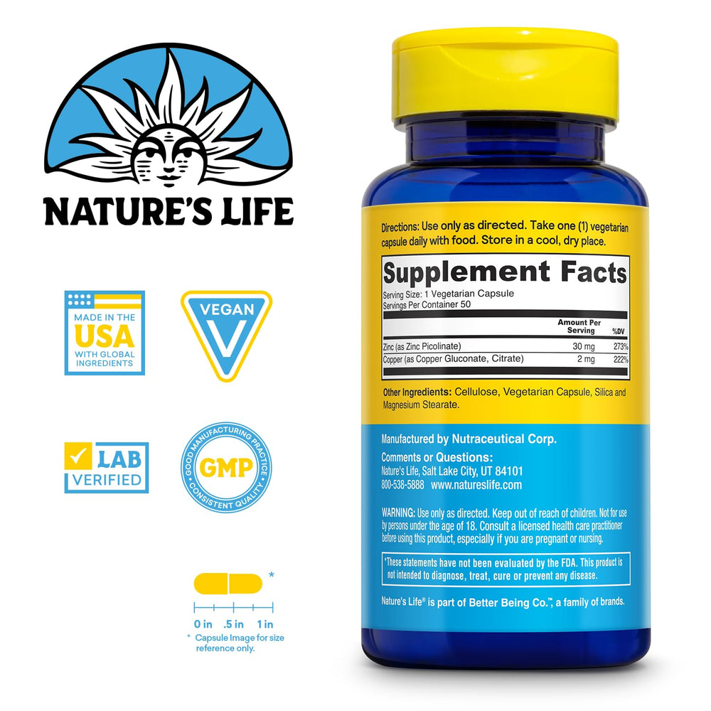 Close-up of Nature's Life Zinc Picolinate capsules emphasizing easy daily supplementation for vitality.