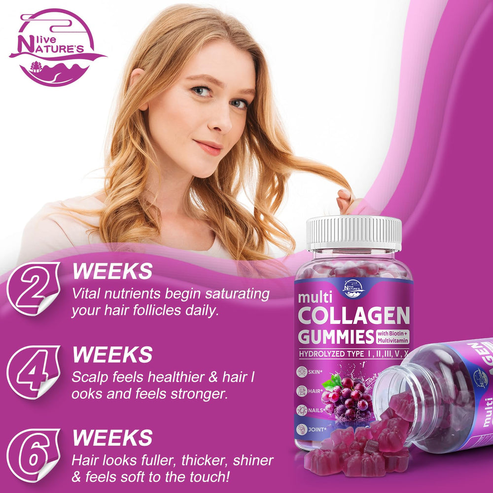 Nature's live collagen ingredients close-up shows hydrolyzed collagen, biotin, and vitamin C.