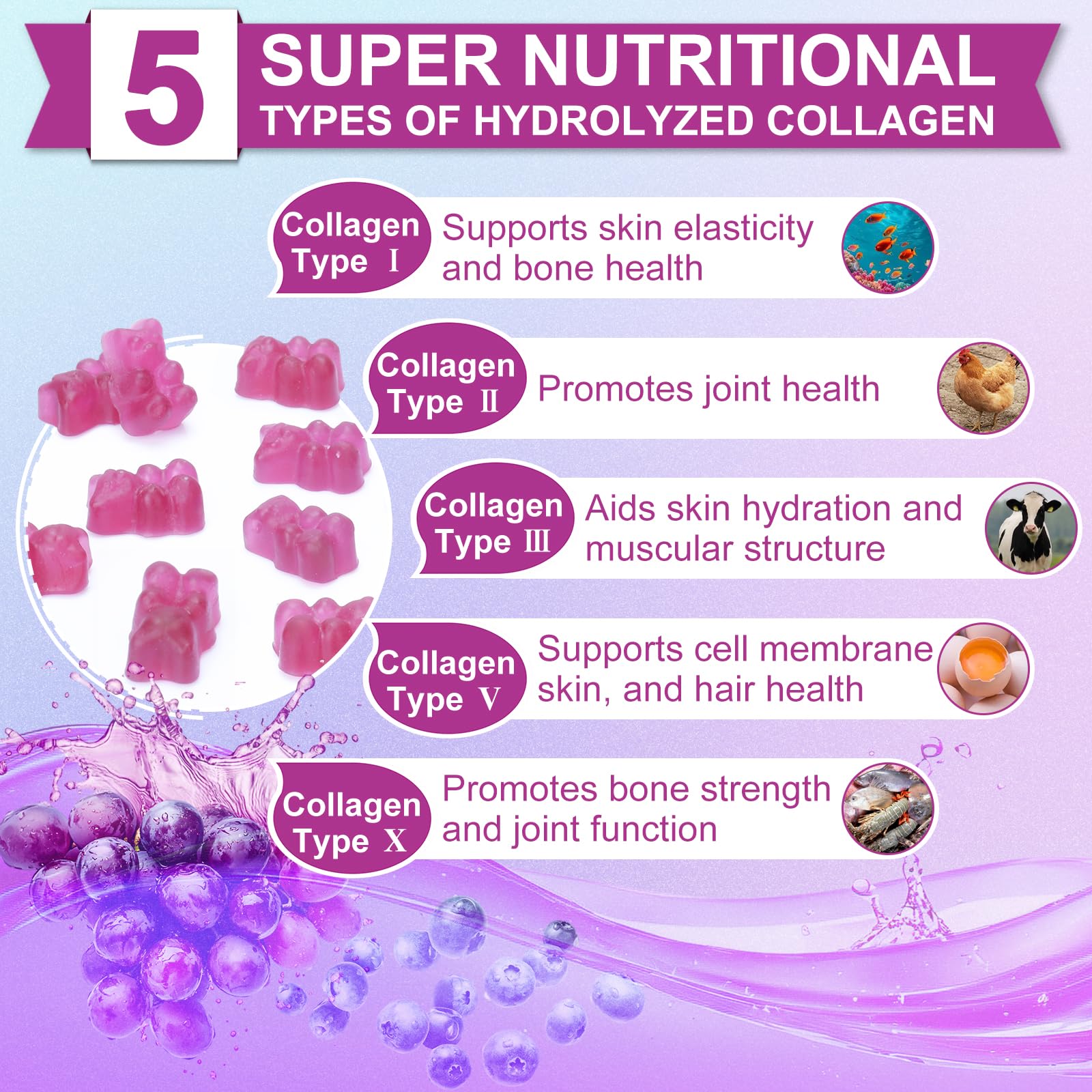 Nature's live Grape-Blueberry flavored gummies for daily beauty support.