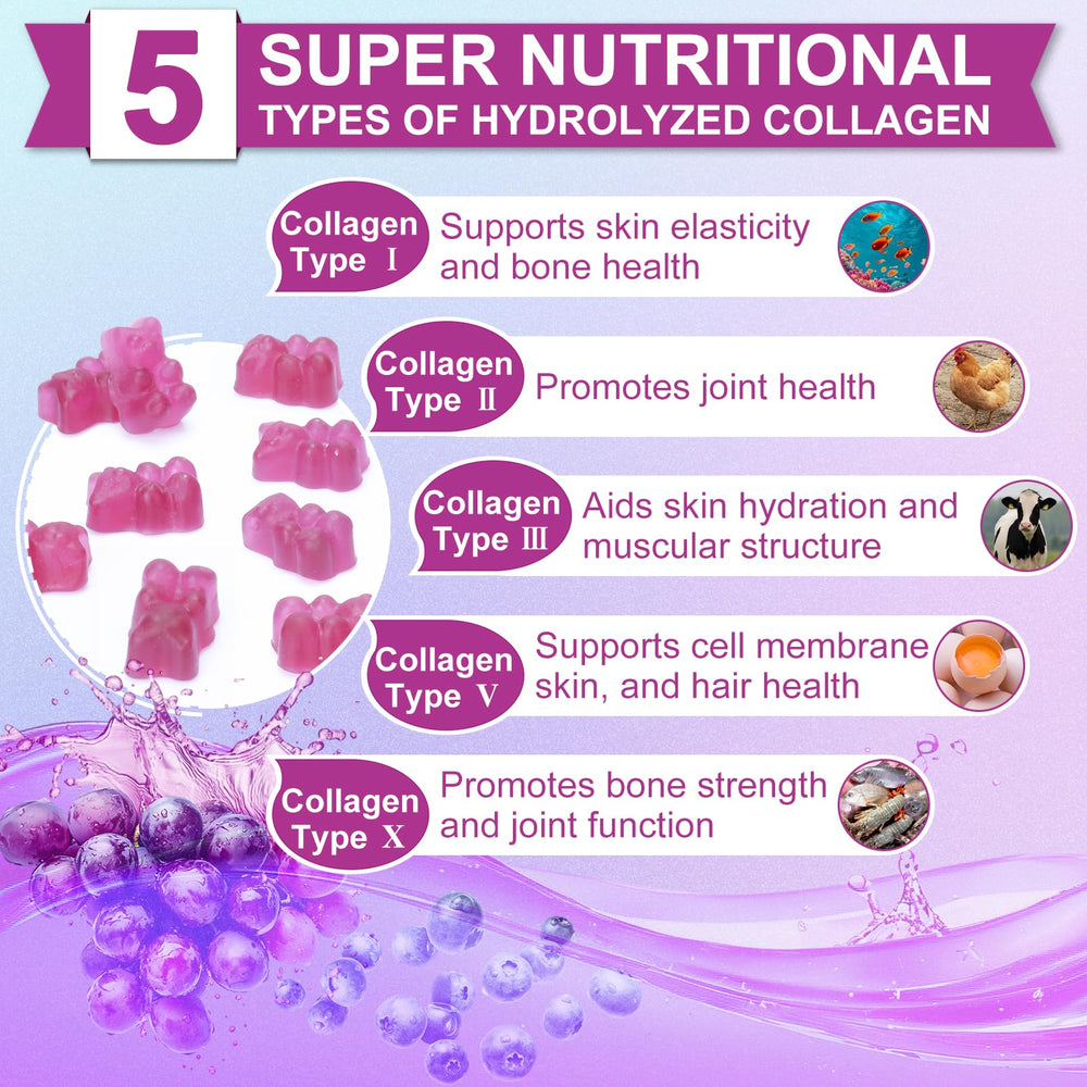 Nature's live Grape-Blueberry flavored gummies for daily beauty support.