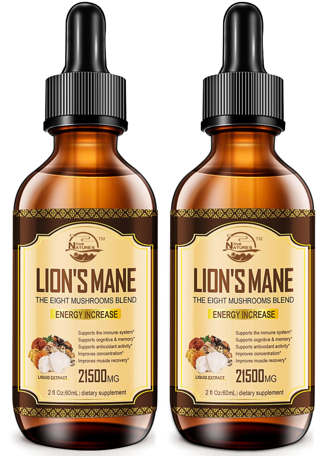 Nature's Live Lions Mane bottle with pour spout for easy daily dosing