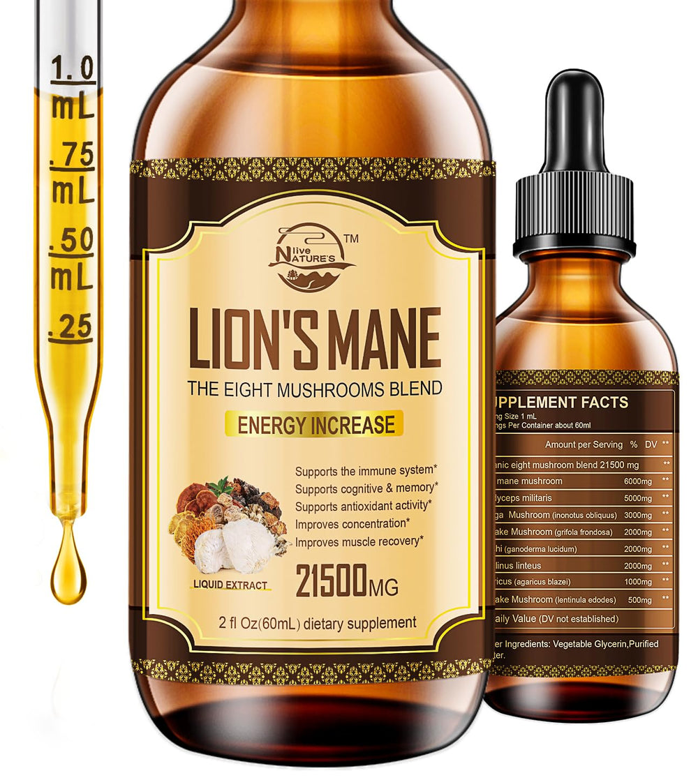 Nature's Live Lions Mane supplement bottle showing potential cognitive support