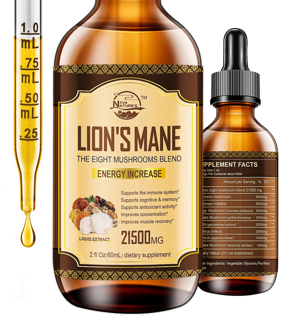 Nature's Live Lions Mane supplement bottle showing potential cognitive support