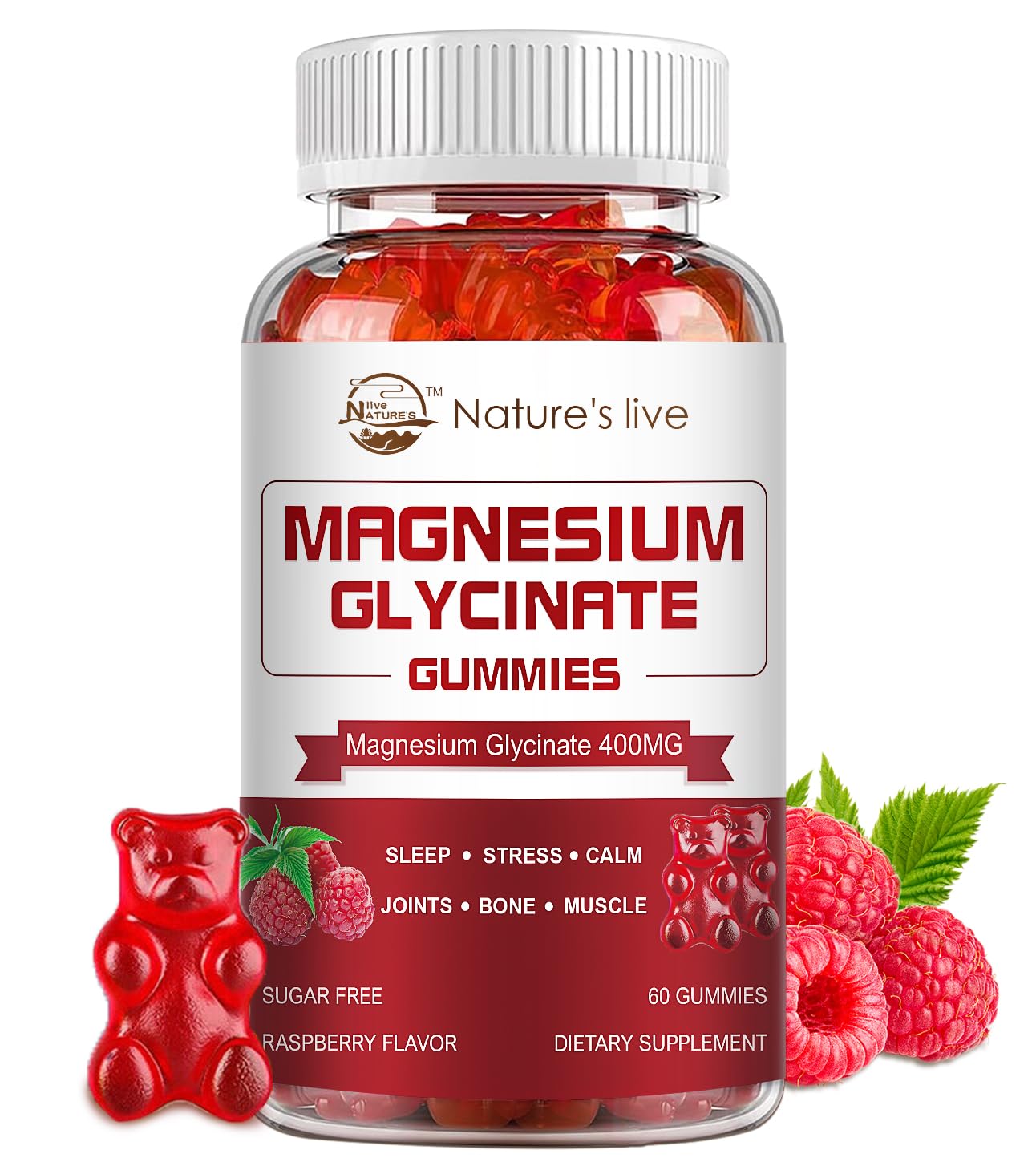 Nature's Live Magnesium Gummies bottle view highlighting daily wellness with sugar-free raspberry flavor