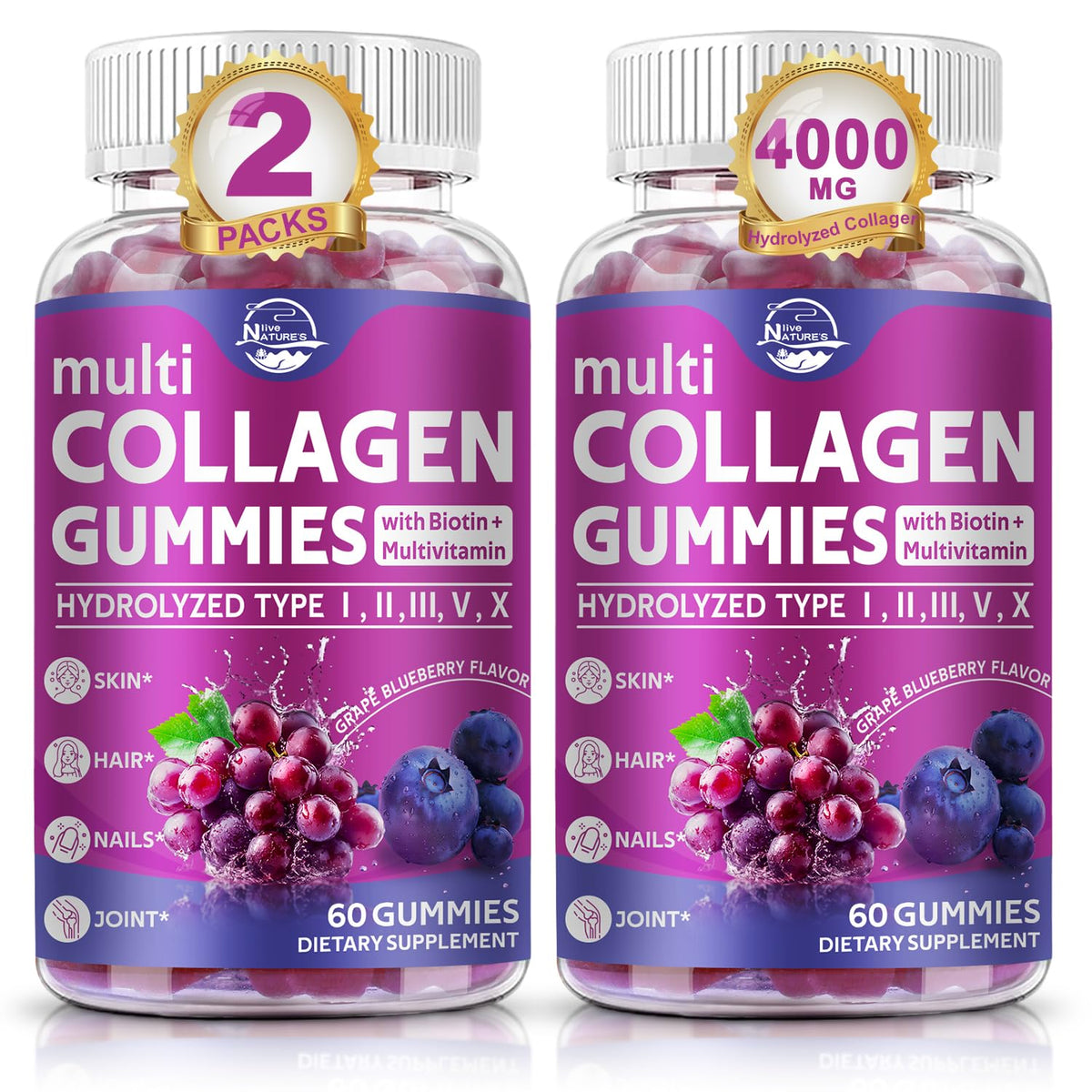 Nature's live Multi Collagen Gummies bottle front supports skin and nails.