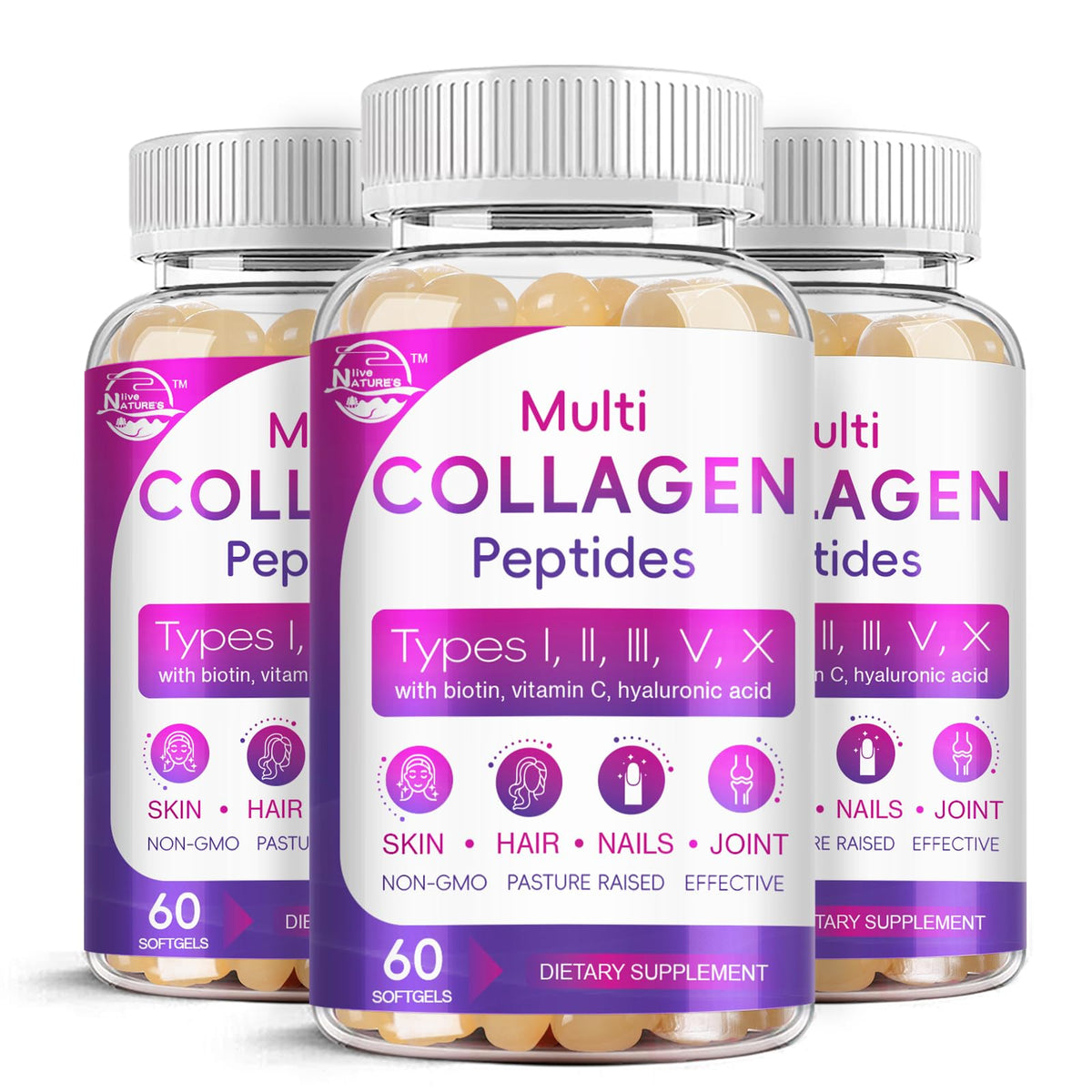 Nature's Live Multi Collagen Softgel bottle, 60-count, showing convenient daily support