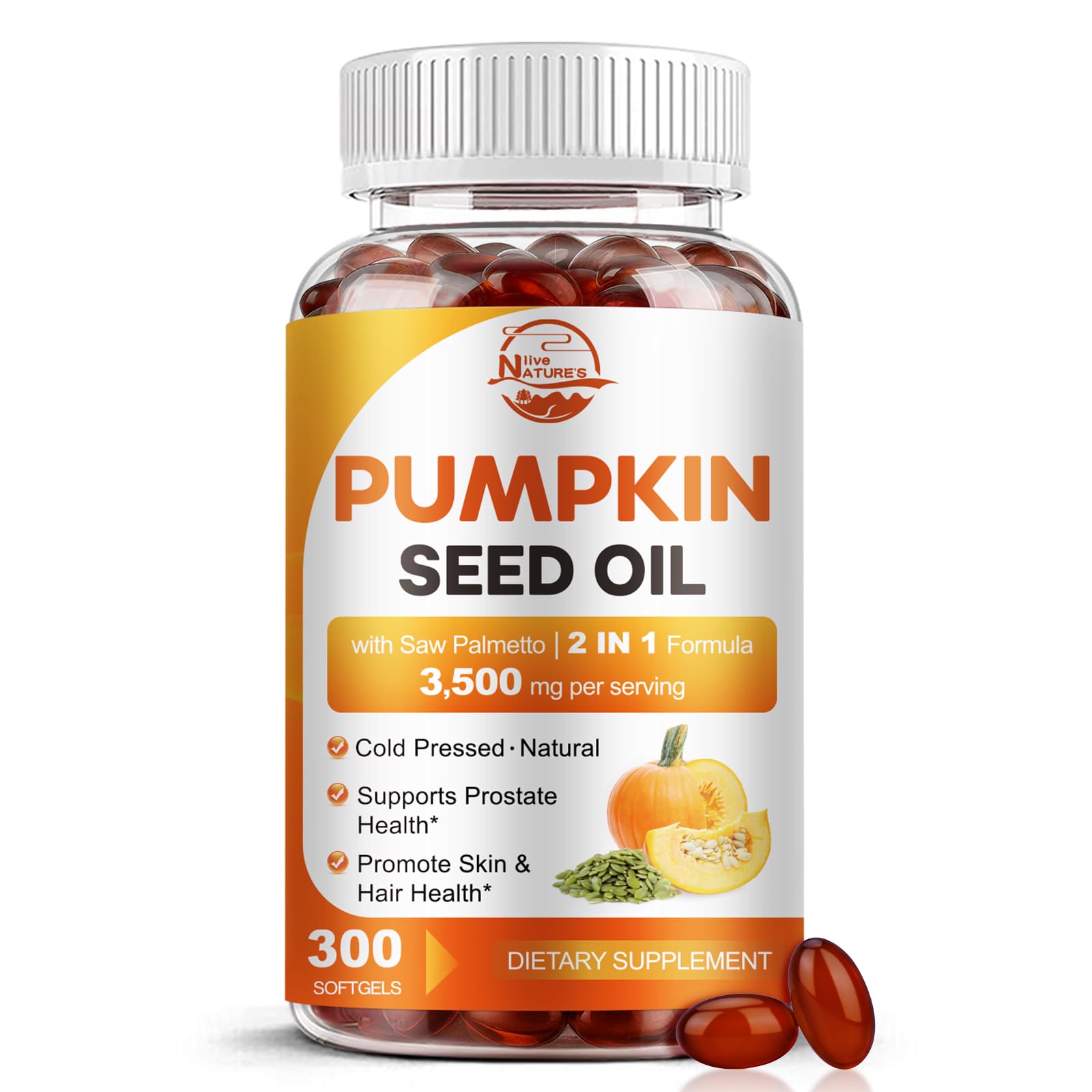 Nature's live pumpkin seed oil softgels bottle with cold-pressed purity for daily wellness.