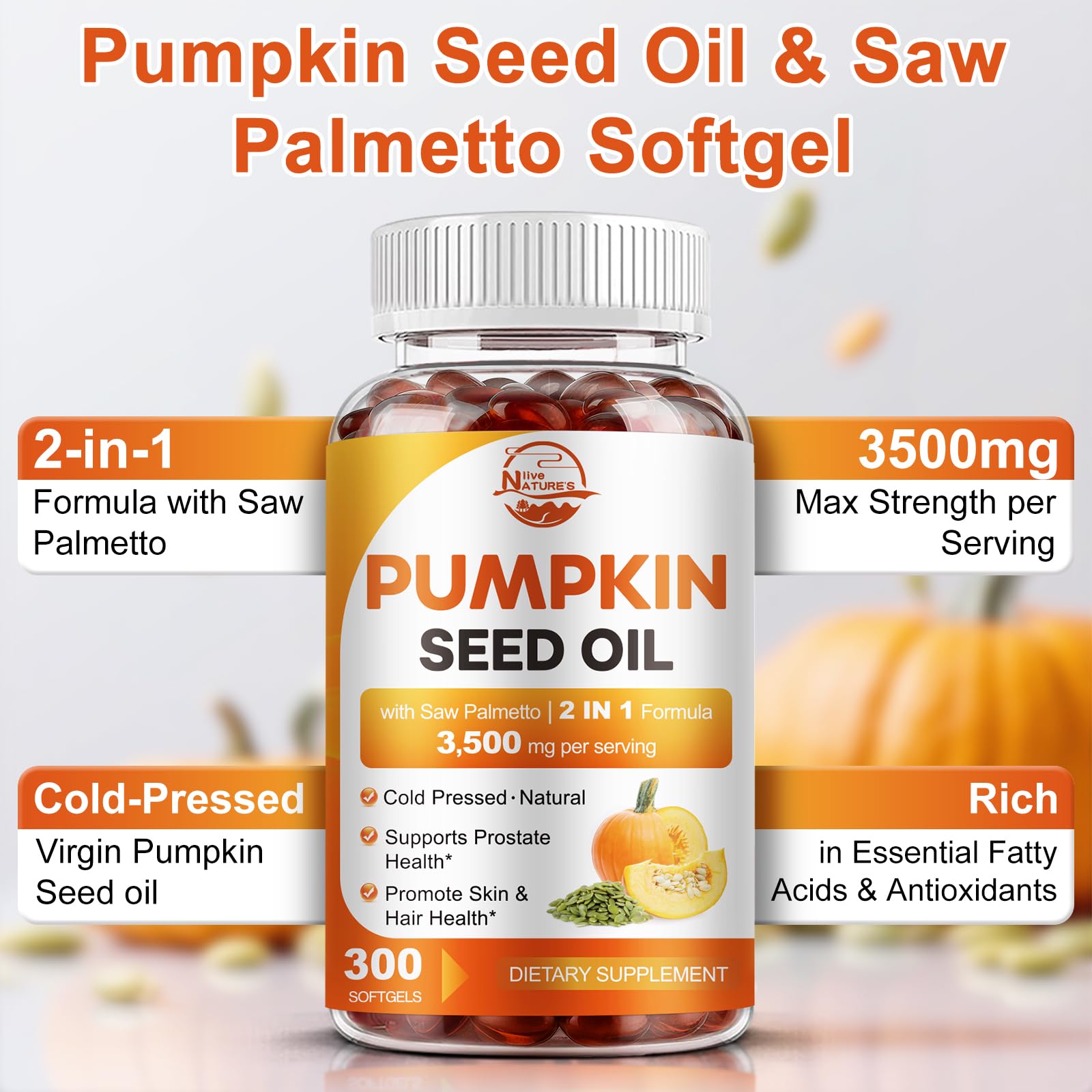 Nature's live pumpkin seed oil softgels pour demonstrates convenient daily use.