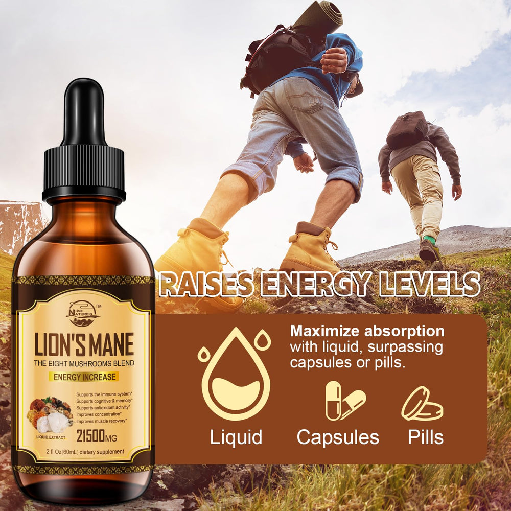 Forest-themed display with Nature's Live tincture bottle for vitality