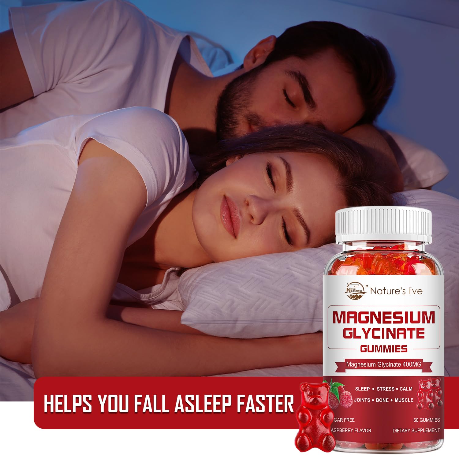 Nature's Live sleep support gummies depiction suggests easier winding down at night