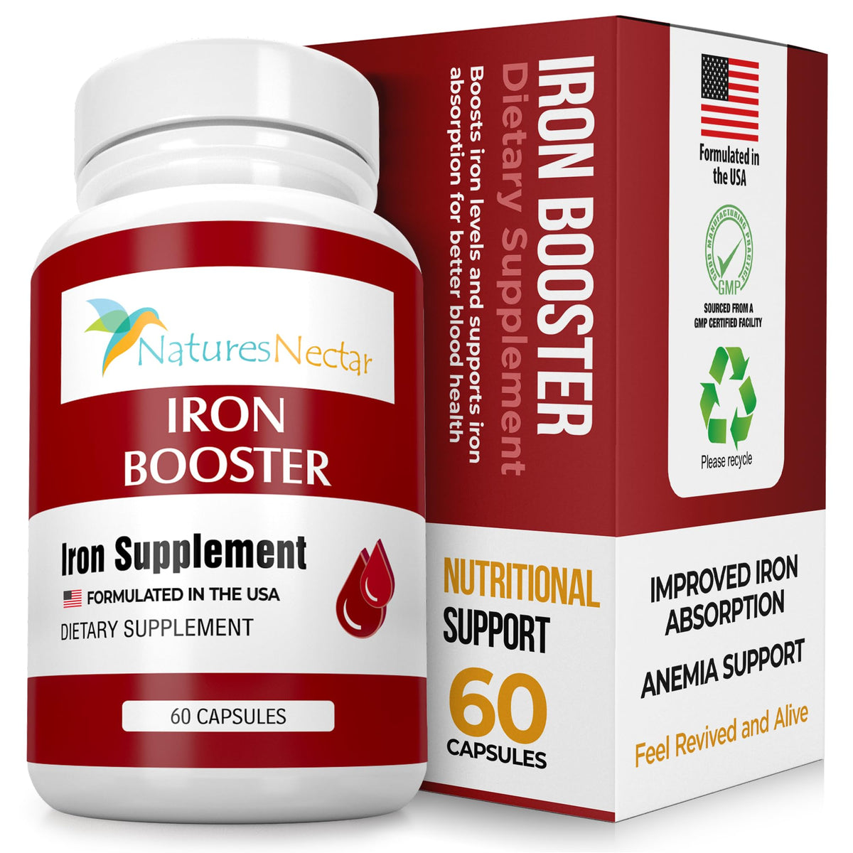 Nature's Nectar Blood Builder capsules closeup for steady iron support