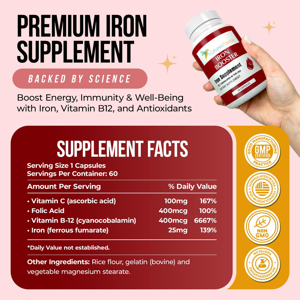 Nature's Nectar Blood Builder iron bottle on counter highlighting gentle release