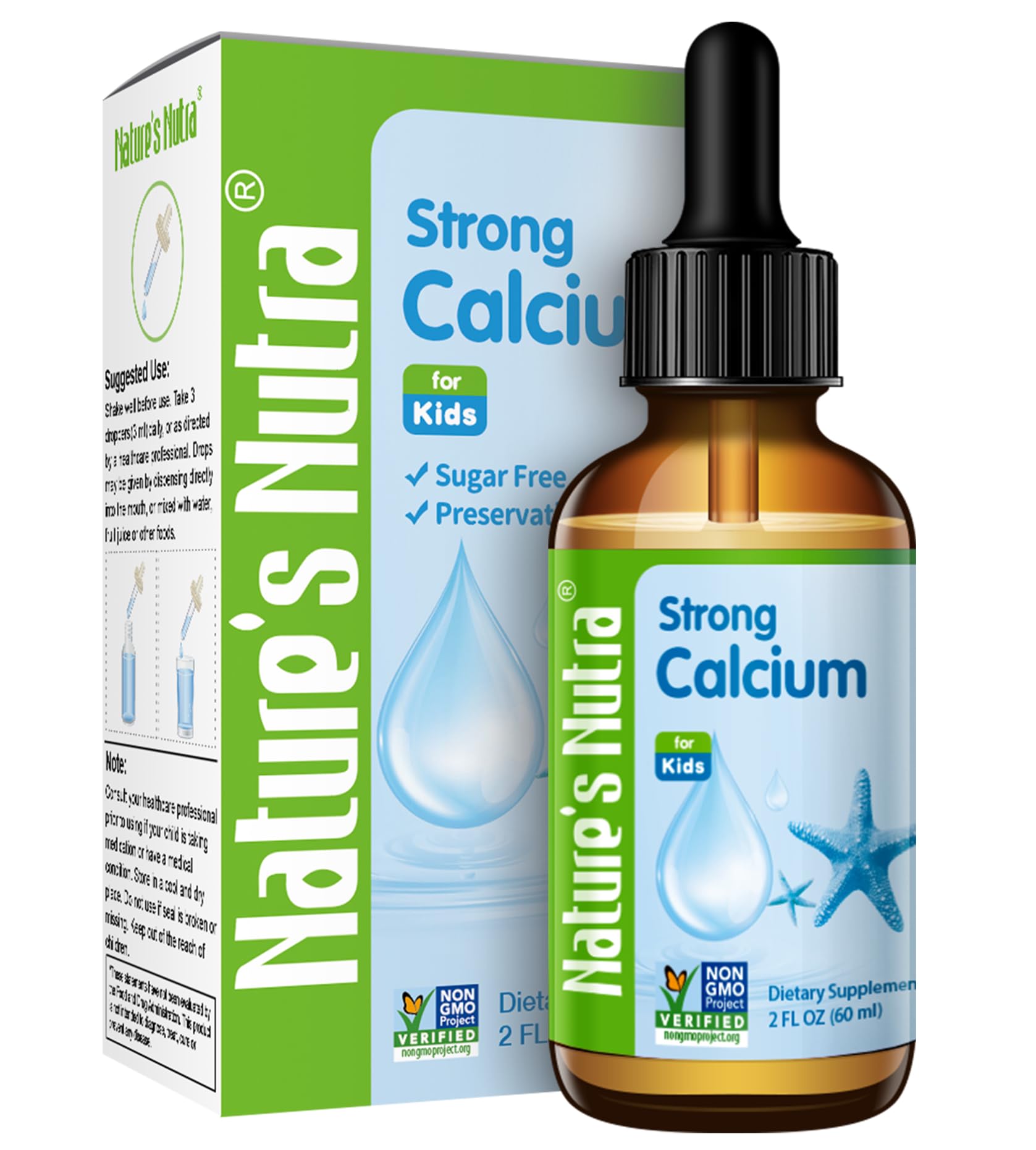 Nature's Nutra Strong Calcium drops bottle; supports daily calcium intake.