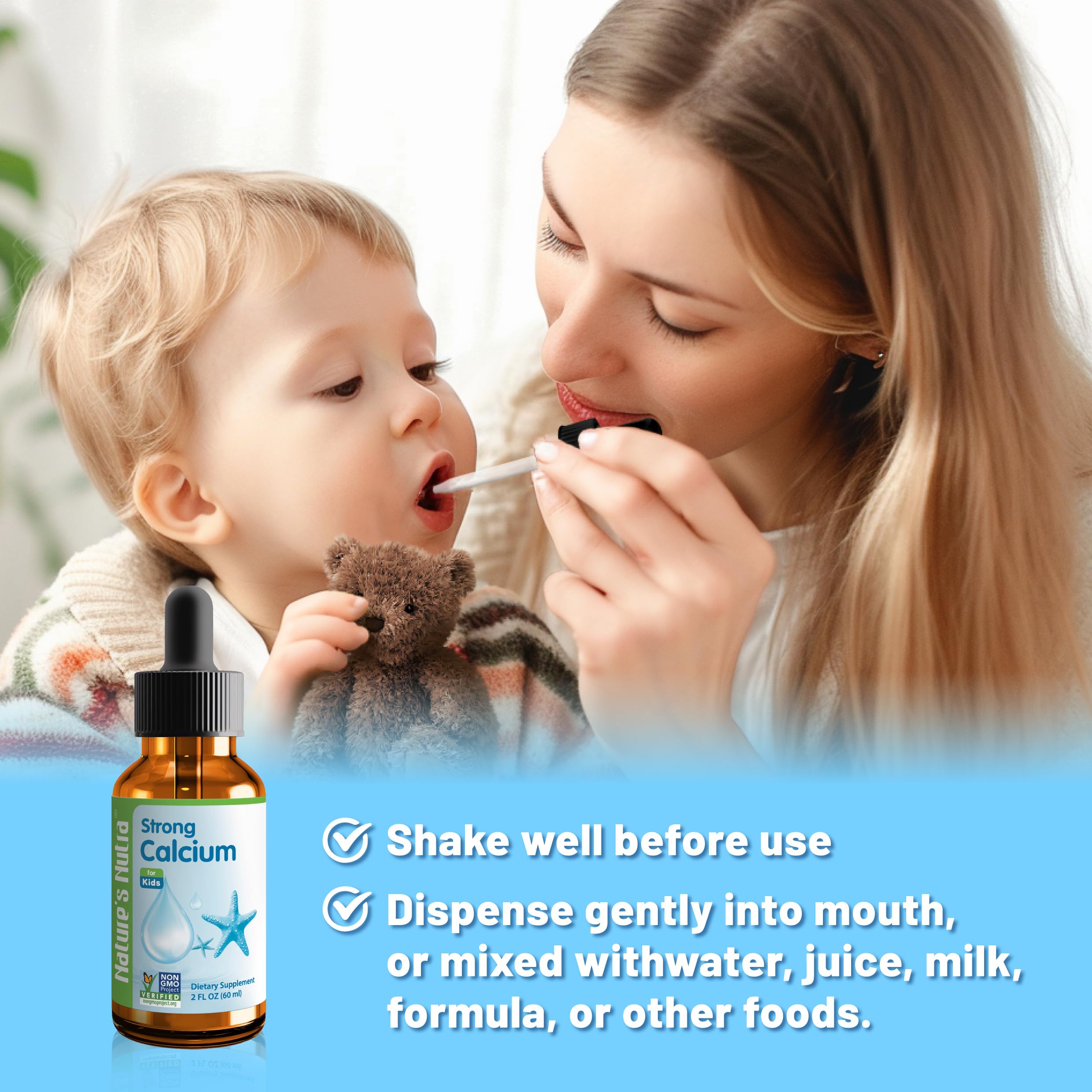 Nature's Nutra Strong Calcium drops ingredients label showing calcium citrate malate and K2.